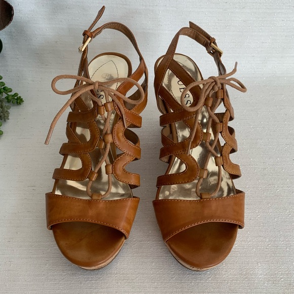 GUESS Elsiee Caramel Strappy Lace-up Wedge Heel Sandals Woman’s 7.5M - Picture 2 of 11